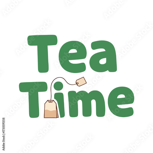 Tea Time Cute Vector Typography with Teabag Graphic,
A cute, modern, and simple vector illustration featuring the words "Tea Time" in bold, chunky green typography. A dangling teabag with a tag repla
