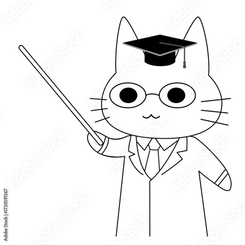 博士帽と眼鏡をかけた猫キャラクターが指し棒を持ち、授業や講義で解説しているかわいいベクターイラスト。教育、学校、学習、知識、教材、キャラクターデザイン素材に最適