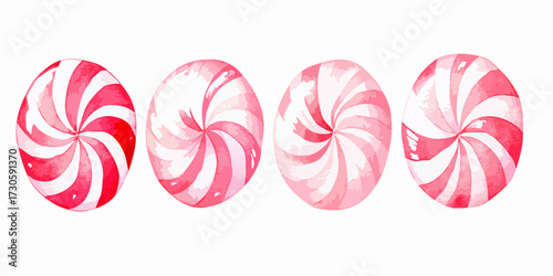 Four oval candies with swirl patterns, from red to light pink