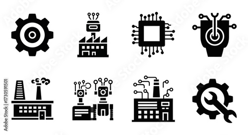 Collection of Black Industrial and Technological Icons, Representing Manufacturing and Engineering.