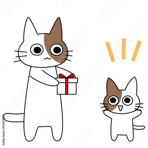 猫が子猫にプレゼントを渡して喜ばれるシーンを描いた可愛いキャラクターのベクターイラスト。誕生日や記念日、パーティーなどのお祝いデザインに最適｜猫,子猫,ギフト,お祝い