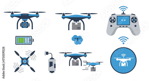 Collection of Blue Drones and Remote Control with Various Views and Details.