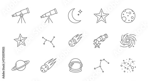 Collection of Celestial and Astronomical Icons in Outline Style.