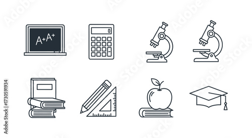Collection of Educational Icons - Blackboard, Calculator, Microscopes, Books, Apple, and Graduation Cap.