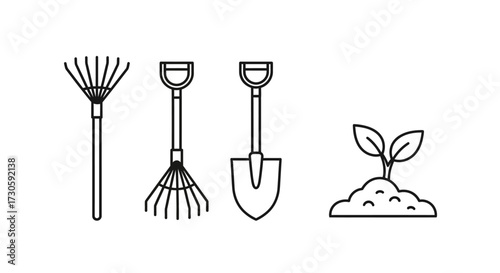 Collection of Garden Tools and Sprouting Plant Icon Set.