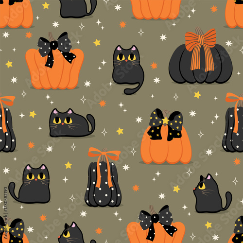 Happy halloween seamless pattern and background with elegant pumpkin with bows and cute black cats. Holidays cartoon character wallpaper.