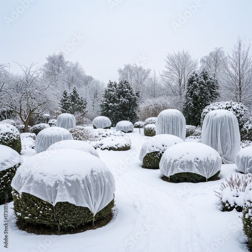 Winter protection of garden plants covered with white fabric in a snowy landscape