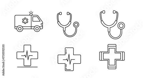 Collection of Medical Icons - Ambulance, Stethoscope, and Cross Symbols.