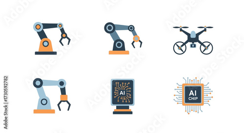 Collection of Robotic Arms, Drone, and AI Chip Icons in Flat Vector Style.