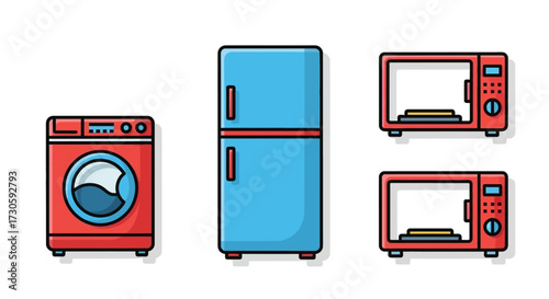 Collection of Red Washing Machine, Blue Refrigerator, and Two Microwaves.