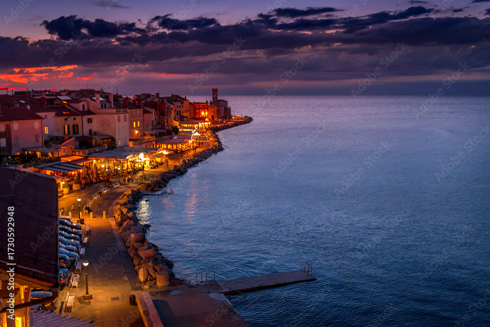 Naklejka premium Piran, Slovenia. Aerial view of Piran old city on Adriatic Sea, Saint George church spire