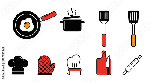 Collection of Simple Line Art Cooking Utensils and Chefs Hat.