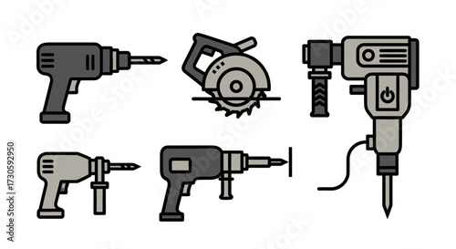 Collection of Six Power Tools - Drill, Circular Saw, and Jackhammer Icons.