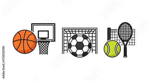 Collection of Sports Equipment - Basketball, Soccer Ball, Tennis Ball, and Racket.
