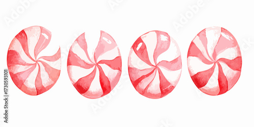 Four watercolor peppermint candies in a row