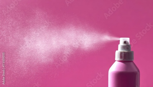 Pink spray bottle releasing mist against a vibrant pink background