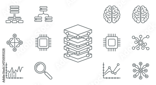 Collection of Thin Line Icons Representing Data and Technology Concepts.