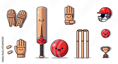 Adorable cartoon icons representing cricket sport gear for children's illustration usage