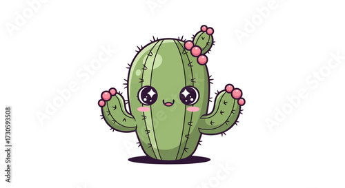 Adorable kawaii cactus character with big eyes and pink blossoms cheerfully on white backdrop