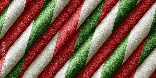 Festive diagonal red, white, green textured stripes