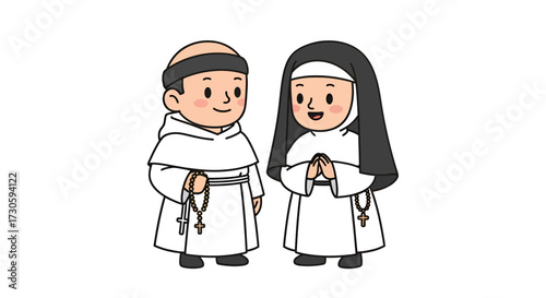 Cartoon depiction of a monk and a nun in their traditional religious attire depicted in a clean
