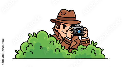 Cartoon depiction of a private investigator taking pictures from behind foliage vigilantly