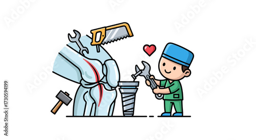 Cartoon depiction of orthopedic surgeon treating knee injury with tools and implant in a creative