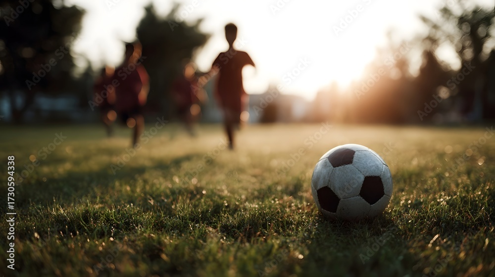 Fototapeta premium Silhouettes of children playing soccer on a grassy field during a warm golden sunset