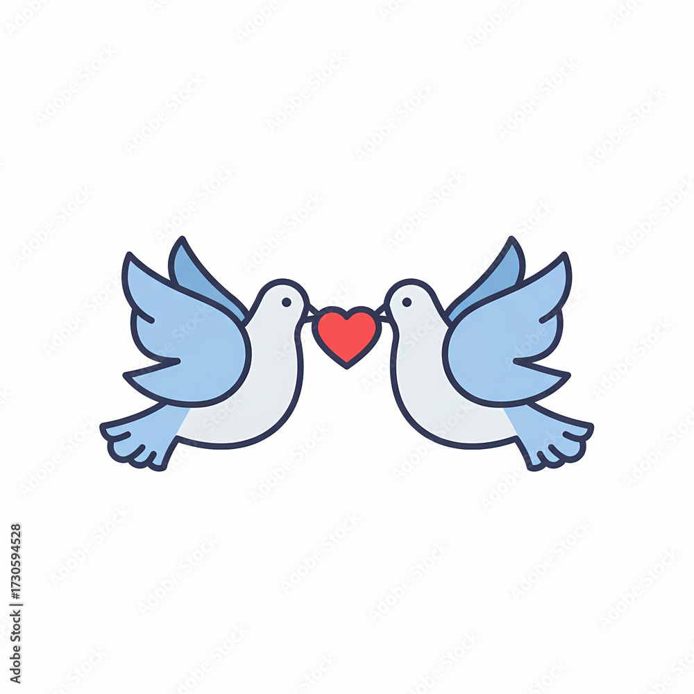 Obraz premium Two doves holding a red heart while facing each other 