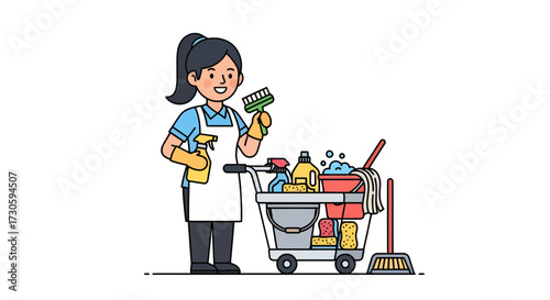 Cartoon illustration of a smiling cleaning lady with her cleaning equipment cart ready for