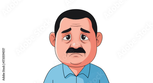 Cartoon man expressing sadness with evident signs of stress and worries isolated on a bright