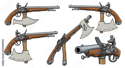 Cartoon illustrations depicting retro firearm weaponry with attached hatchets on white backdrop