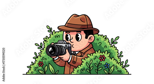Cartoon photographer hiding in bushes with camera capturing a candid shot subtly