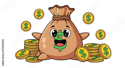 Cartoon money bag character surrounded by gold coins illustration for financial concepts