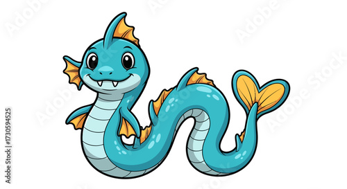 Cartoon sea serpent with bright colors is isolated on a white background