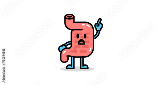 Cartoon Stomach Character Raising a Finger, Emphasizing a Health Concern for Digestive Well Being