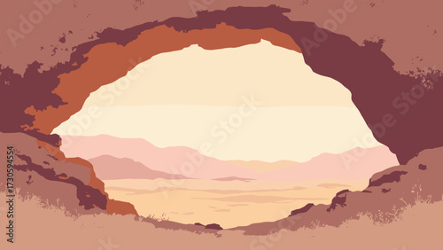 Desert sandstone archway framing distant dunes and a soft pastel horizon, no people