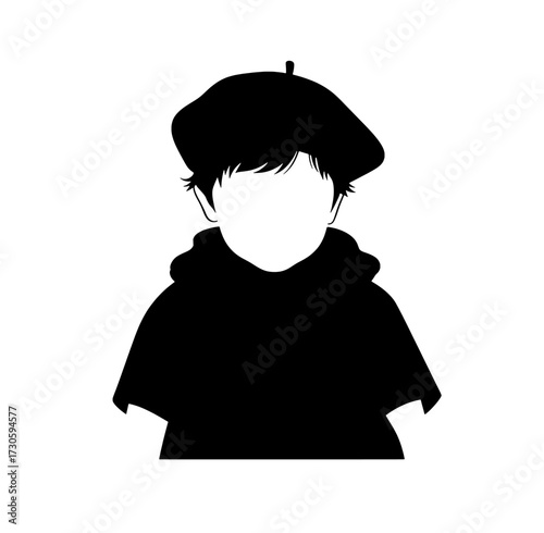 Silhouette of a young child wearing a beret and a hooded sweatshirt isolated on white background isolated on transparent background