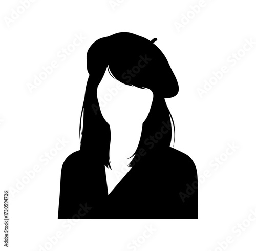 Silhouette of a woman wearing a beret and a v neck shirt isolated on white background isolated on transparent background
