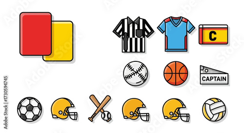 Colorful Cartoon Sports Icons - Red, Yellow Cards, Uniforms, Balls, Helmets, and More.