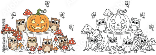Cute Halloween Owls and Jack-o'-Lantern Coloring Page with Forest Mushrooms and Fairies