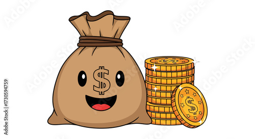 Cartoonish depiction of a happy money bag with a stack of shiny golden coins nearby