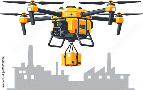 Yellow delivery drone carrying a package over a gray industrial cityscape background for modern logistics and transportation solutions