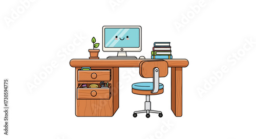 Cartoonish workspace featuring a wooden desk, chair, computer with a smile and books