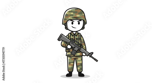 Cartoonish soldier character in camouflage uniform holding an assault rifle ready for action