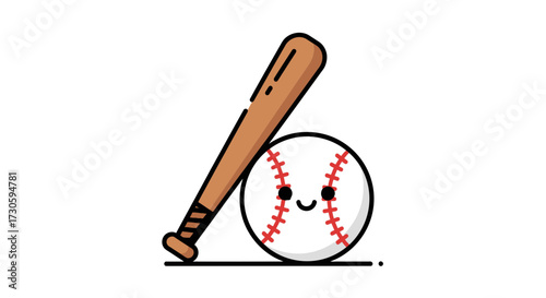 Charming baseball illustration with a smiling ball and a wooden bat ready for a playful hit