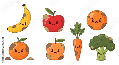 Cartoonish spoiled fruit and vegetable icons presenting sadness, suitable for education or health