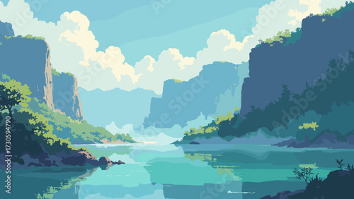 Tropical karst island lagoon with towering cliffs and jade water, morning mist, no people