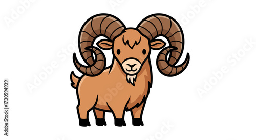 Charming cartoon ram with massive spiraling horns against a clean white background offers