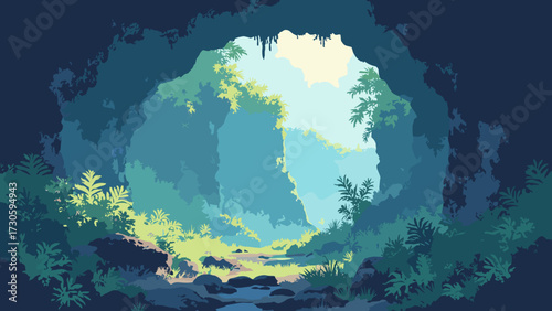 Ancient lava tube cave skylight illuminating fern-covered floor, no people